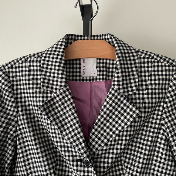 Y2K Vintage Smart Set Gingham Cropped Sleeve Blazer Black White Short Medium - Picture 6 of 9